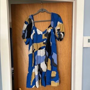 Nine West Blue Abstract Print Mini Dress with Mustard and Black Accents